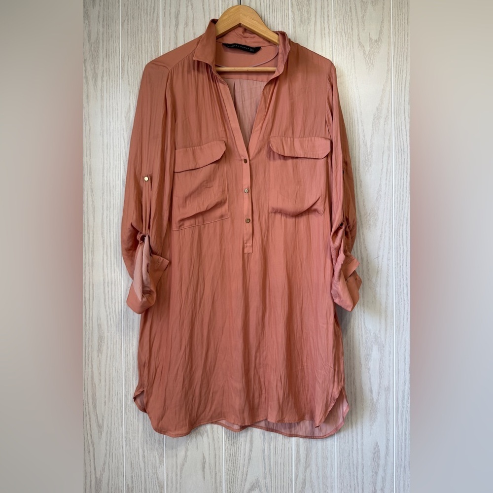 Zara Dusty Pink Silky Shirt Dress Size Large EUC